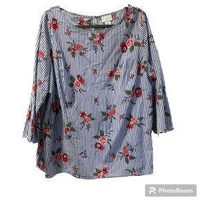 Liz Claiborne Top Blouse Flower Print with Stripes Cotton Gently Worn 1X Summer